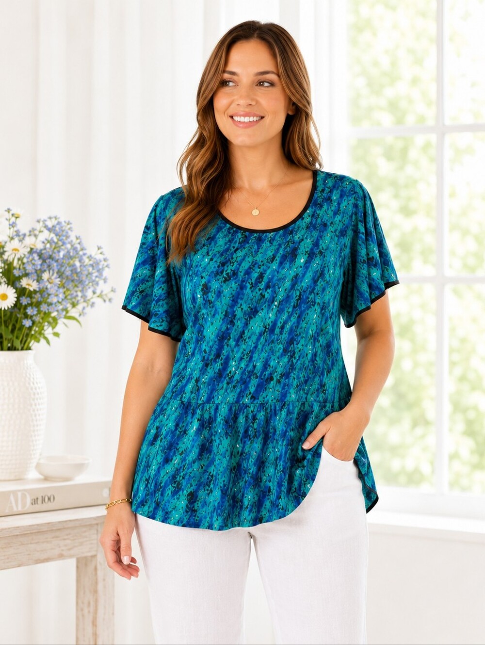 Blue Green Abstract Peplum Top Plus Size 5X Stretch Artsy Career Blouse